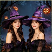 Sombrero de Bruja de Algodón con Estampado de Telaraña y Cielo Estrellado Morado para Cosplay de Halloween, Sombrero Puntiagudo de Mago Divertido con Bordado 3D para Fiesta Digital