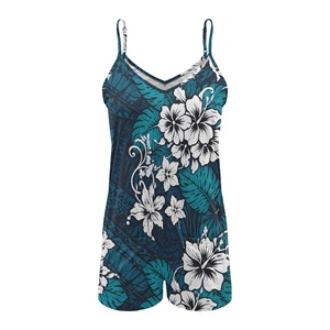 <span class=keywords><strong>Tuta</strong></span> <span class=keywords><strong>corta</strong></span> estiva da donna con motivo floreale e foglie polinesiane, scollo a V, senza maniche, con tasche - Product Image 4