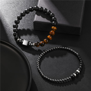 Ensemble de bracelets œil de tigre et hématite pour hommes, perles noires mates, cube argenté, élastique, pierres précieuses, bijoux faits à la main, vente en gros - Product Image 4