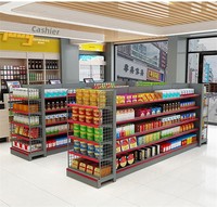 Étagère gondole métallique double face robuste personnalisée avec système d'éclairage LED, assemblage sans boulons pour boutique et magasin de proximité