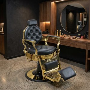 Sillón de Barbería Hidráulico Negro Dorado, Silla de Estilismo Reclinable con Reposapiés para Peluquería - Product Image 5