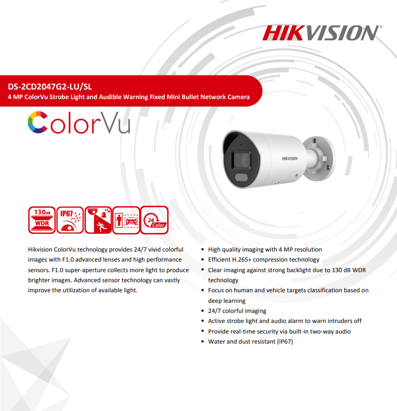 Hik DS-2CD2047G2-LU/SL  4MP POE Built-in Mic H.265+ IP67 ColorVu Fixed Mini Bullet Network Full Color  IP Camera