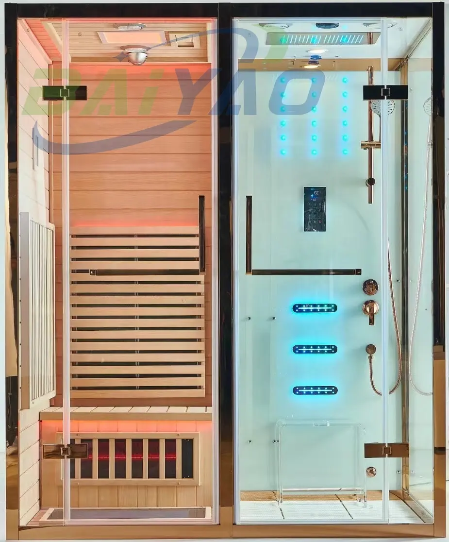 Desain profesional Sauna uap Kombo kamar mandi dengan Hemlock kayu Solid untuk 2-4 orang Shower Spa Hammam Combo