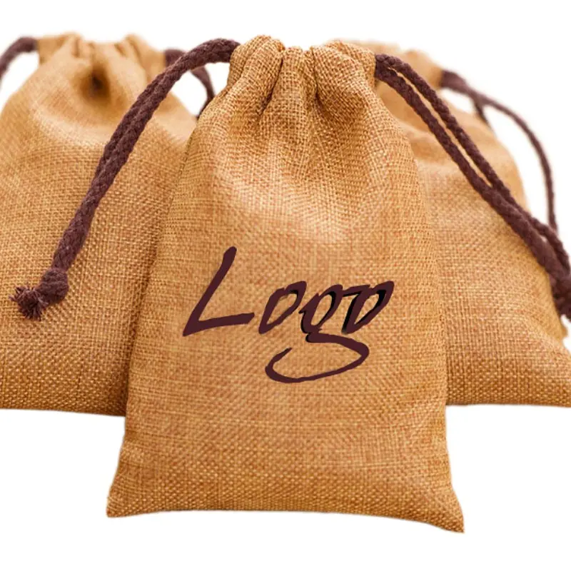 Bolsas de regalo de lino de joyería, 8x11cm, 9x12cm, 10x15cm, 13x17cm, paquete de 50 bolsas de lino con logotipo personalizado, bolsa con cordón de yute cosmético