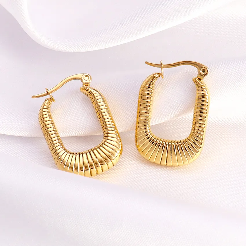 Vintage Jewelry Geometric Unique Design Stripe Square Hoop Earrings Daily Wear Hypoallergenic Rectangle U Shape Hoop Earrings