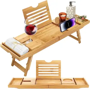 Jabonera de copa de vino, bandeja de desayuno Caddy, bañera impermeable de bambú y cama con brazos deslizantes plegables, mesa de bañera de madera