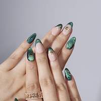 Offre Spéciale : Faux Ongles Acryliques à Presser, Forme Amande, Longueur Moyenne, Vert Mystique Vintage, Effet Œil de Chat, avec Motifs Soleil, Lune et Étoile en Feuille d'Or Française, Vente en Gros