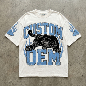 เสื้อยืดโอเวอร์ไซส์ผ้าฝ้าย 100% 330 GSM ปักลายเชนิลล์ ทรงบ็อกซี่ ไหล่ตก สไตล์วินเทจ ทำสีซีดแบบดิสเทรส รับผลิตตามแบบ OEM - Product Image 1