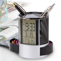 Digitaler Desktop-Wecker mit Stoppuhr, Kalender, Stifthalter und Temperaturanzeige - Büro-Organizer Schreibtisch-Zugehörigkeit Tischuhr