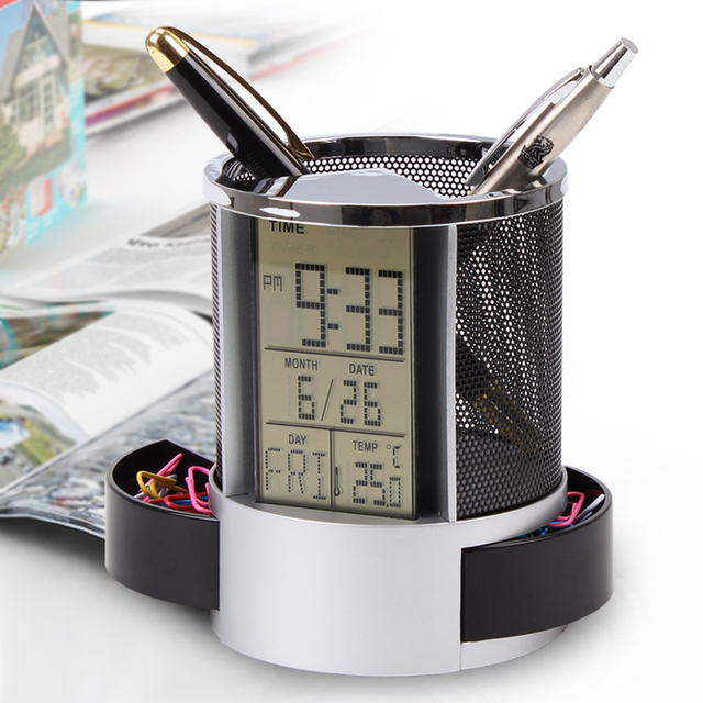 Desktop Digital Alarm Clock with Stopwatch Calendar Pen Holder Temperature Display-Office Organizer Desk Mate Tabletop Clock