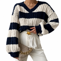Suéter de punto trenzado con cuello en V para mujer, personalizado, oversize, con bloques de color, rayas anchas en contraste, manga larga, OEM, venta al por mayor, pedido a granel