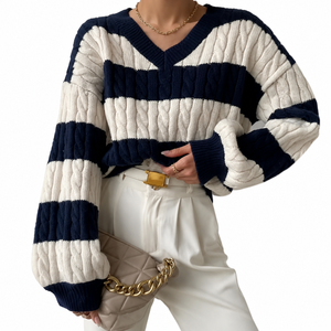 <span class=keywords><strong>Pull</strong></span>-over surdimensionné personnalisé pour femme, <span class=keywords><strong>col</strong></span> en <span class=keywords><strong>V</strong></span>, tricot torsadé, blocs de couleur, rayures larges contrastées, manches longues, vente en gros OEM, commande en gros - Product Image 1