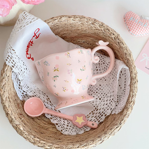 Tazza da caffè in ceramica floreale con fiore rosa con <span class=keywords><strong>cuore</strong></span> di ragazza carina con manico per regalo di amici - Product Image 3