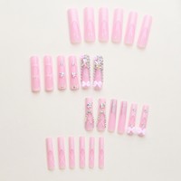 Faux ongles à presser faits main, 24 pièces, longs, forme cercueil ballerine, rose ombré, avec strass, nœud, dentelle corset, en ABS, couvrance totale, pour femmes