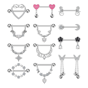 Set de 5 Anillos de Pezón de Acero 316L con Diseño Elegante, Adornos de <span class=keywords><strong>Pecho</strong></span> Estilo Indio con Mariposa, Corazón y Campana, Joyería de <span class=keywords><strong>Piercing</strong></span> con Zirconia - Product Image 1