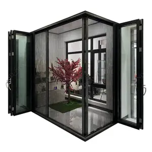 2024 Patio dobrável de alumínio para varanda exterior de vidro à prova d'água personalizado de alta qualidade porta dupla com tela mosquiteira