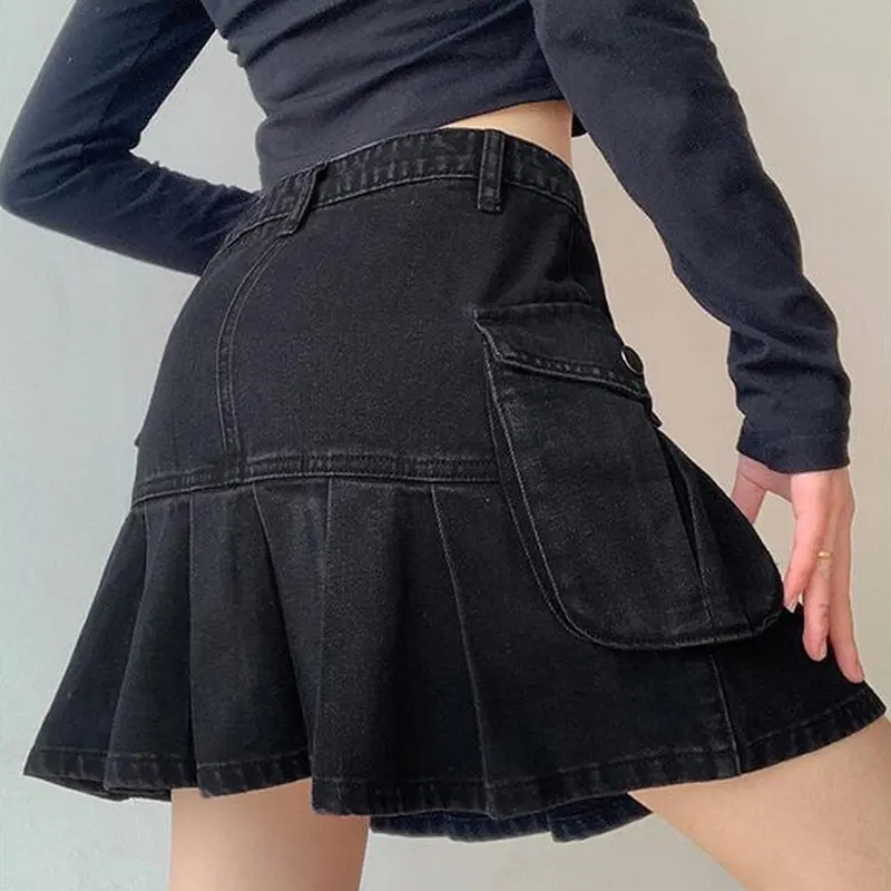 Jeans Mini Skirt Goth Denim Pleated Skirts with Big Pockets Women Girl Summer Punk Black Faldas High Waist Korean Fashion