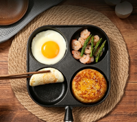 Poêle à petit-déjeuner en fonte à 4 trous, poêle à frire non revêtue pour œufs et burgers avec poignée en bois, compatible avec toutes les plaques de cuisson