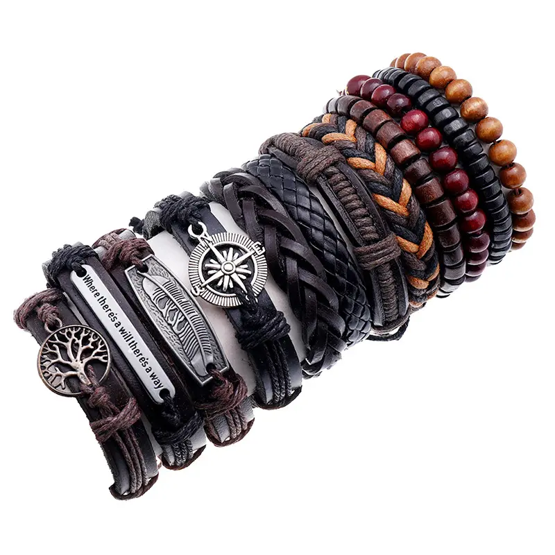 Skerwal Bijoux 12Pcs Plume Arbre de Vie Boussole Charme Bracelets En Cuir pour Hommes Multicouche Empilable Bracelet