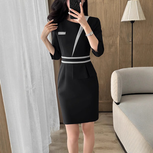Professional Pencil Dress Women O-Neck Color Blocking Splicing Navy Blue Black Gray Polyester Career Work Uniforms - Product Image 3