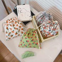 Tas Serut Katun Motif Bunga dengan Mulut yang Dapat Diketatkan, Tas Penyimpanan Kecil yang Lembut, Tas Ponsel Artistik Retro