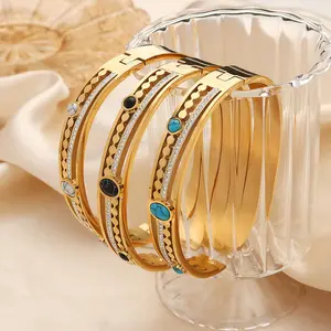 Wholesale Luxury 18k Gold Plated Stainless Steel Multi Layers Hollow Round Turquoise Zircon Bangle Jewelry For Women