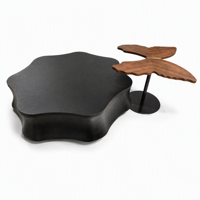 Table basse décorative contemporaine en forme de fleur noire, table d'appoint en bois avec ailes de papillon, piétement cylindrique en métal doré