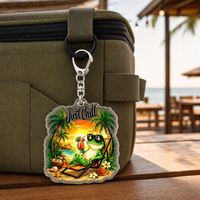Porte-clés personnalisé en acrylique, motif grenouille tropicale 'Just Chill', cadeau de plage, breloque de sac personnalisée, accessoire de vacances transparent, vente en gros