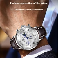 Montre à quartz entièrement automatique pour homme, boîtier en alliage de 44 mm, bracelet en cuir, résistante à l'eau 30 m, phase de lune, calendrier, cadran à chiffres romains