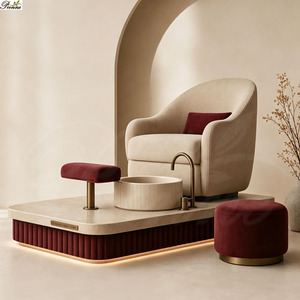 Equipo de Salón de Uñas 2026, Mesa de Manicura Doble Moderna de Madera Acanalada Vintage con Detalles Dorados - Product Image 4