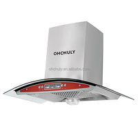 Hotte de cuisinière de type incurvé en gros d'usine pour la cuisine cuisson SS boîtier en verre trempé déflecteur système de ventilation de cheminée de prise ventilée