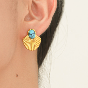 18K Gold Plated <b>Turquoise</b> Inlaid Fan Shape <b>Stud</b> <b>Earrings</b> Women's Luxury Designer Jewelry Wholesale - Product Image 2