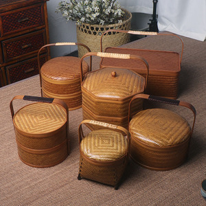 July 7th Handmade <b>Bamboo</b> Woven Basket Round Double Layer Lidded Food <b>Container</b> Traditional Style Tea Storage Box - Product Image 1