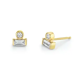 Simple Gold Plated S925 Silver Round and Rectangle CZ Bezel Setting Stud Earring