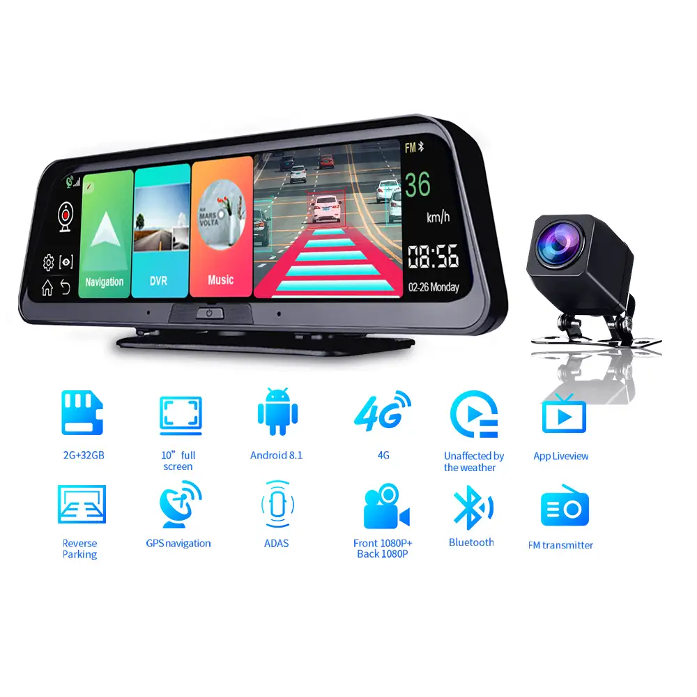 Câmera preta 4k 1080p hd full 10 polegadas, 4k, tela de ré, android 8.1, 4g, lte, carro espelhado, gps, dvr, gravador de carro