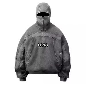 Moletom Masculino Personalizado com Capuz Ninja em French Terry, Zíper Preto, Balaclava com Capuz Duplo, Estilo Vintage, Moletom Acid Wash - Product Image 1