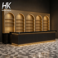 Comptoir de bar moderne à panneaux rainurés, design personnalisé, armoire de rangement en marbre, casier à vin arqué LED, durable, facile à nettoyer