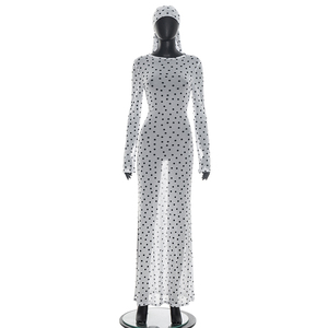 Viviblook D26DS135 Women Summer Casual Dress Sexy <b>Perspective</b> Polka Dot Print Mesh Headband Long Sleeved Dress - Product Image 1