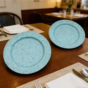 Assiettes de <span class=keywords><strong>service</strong></span> en mélamine style terrazzo <span class=keywords><strong>turquoise</strong></span> moucheté de 8,75 pouces avec bord côtelé - Product Image 5