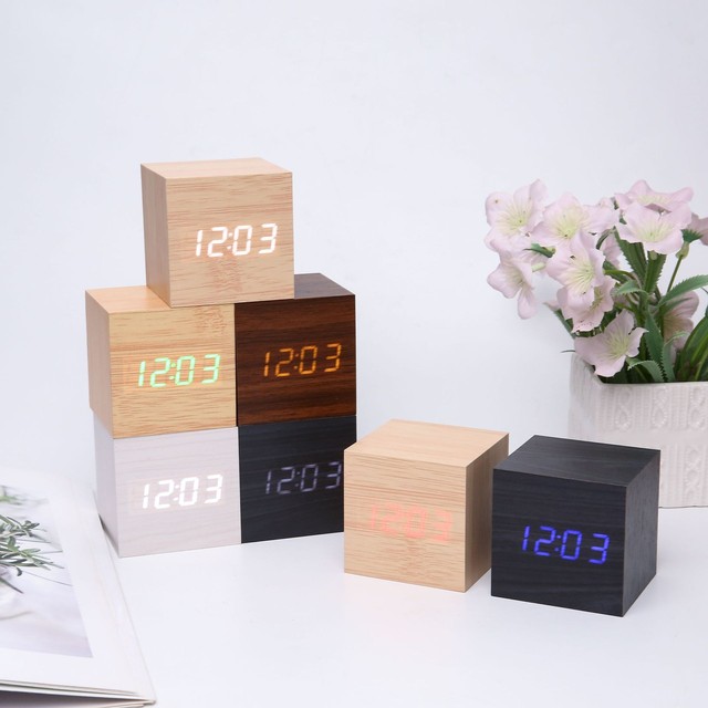 Wooden Wall Alarm Clock Living Room Bedroom Office Luminous Intelligent Electronic Square Multifunctional Digital Display