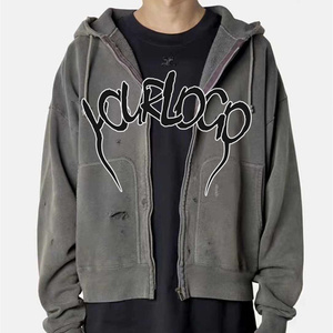 Vintage Distressed Washed Solid <b>Grey</b> <b>Zip</b> <b>Hoodie</b> Ripped Destroyed Boxy Oversized Hooded Jacket Blank Streetwear Eco-Friendly - Product Image 1
