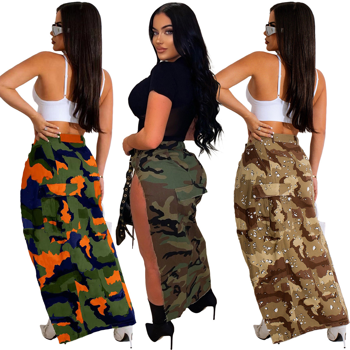 スカート Camouflage Long Denim Skirt CAMO Long Camo Skirt with Denim Patches, Mix Fabrics Skirt in A