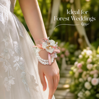 Ensemble de corsages et boutonnières de la série verte avec perles, ruban de satin et fleurs pour la mariée, le marié, les demoiselles d'honneur et la décoration de banquets de mariage