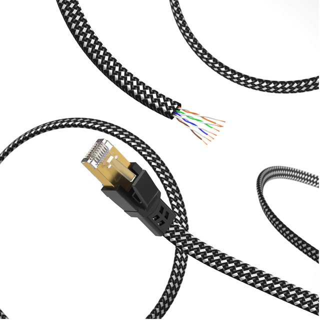 Cat 8 Ethernet Cable Nylon Braided Network LAN Patch Cord 40Gbps SFTP RJ45 Flat Internet Cable for Modem/Router/Gaming/PC