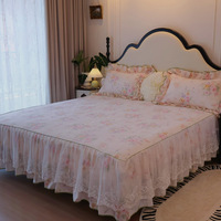 Ensemble de jupe de lit en coton crémeux, style Cottage anglais, avec dentelle florale et volants, et passepoil vert, 3 pièces