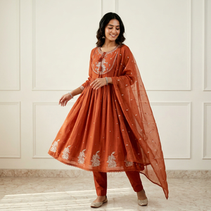 Elegant Rust Orange Embroidered Anarkali <b>Suit</b> Set for <b>Women</b> 3 Piece Gown with Dupatta Festive <b>Wedding</b> Party Wear - Product Image 1
