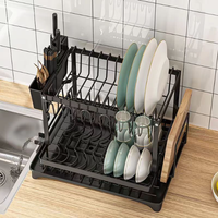 Égouttoir à vaisselle en métal à 2 niveaux, organisateur de comptoir de cuisine multifonctionnel pour bols, assiettes, tasses, ustensiles avec drainage