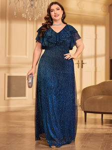 プラスサイズ エレガント レディース 夏 無地 Vネック フレア袖 スリムウエスト バックレス ラッフルヘム グリッター マキシ Aライン イブニングドレス - Product Image 3