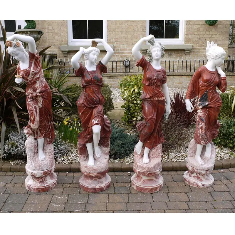Uniek Handsnijwerk Antiek Rood Marmeren Beeld Vier Seizoenen Godin Sculptuur Voor Tuinpark Decoratie