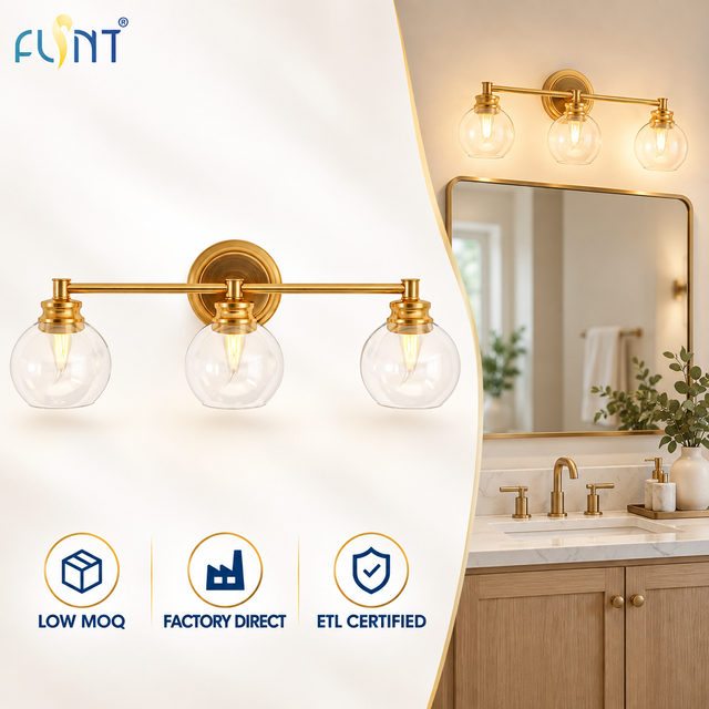 ETL Certified Modern 3-Light Polished Gold Vanity Light Fixture Bathroom Mirror Front Wall Sconce B11 LED Bulbs Included Indoor